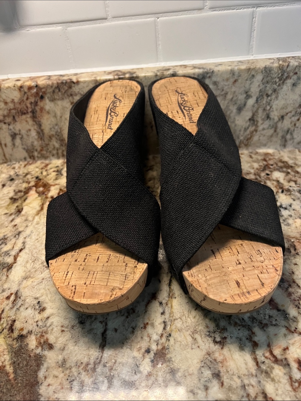 Lucky Brand Black Crisscross Cork Wedge Mules